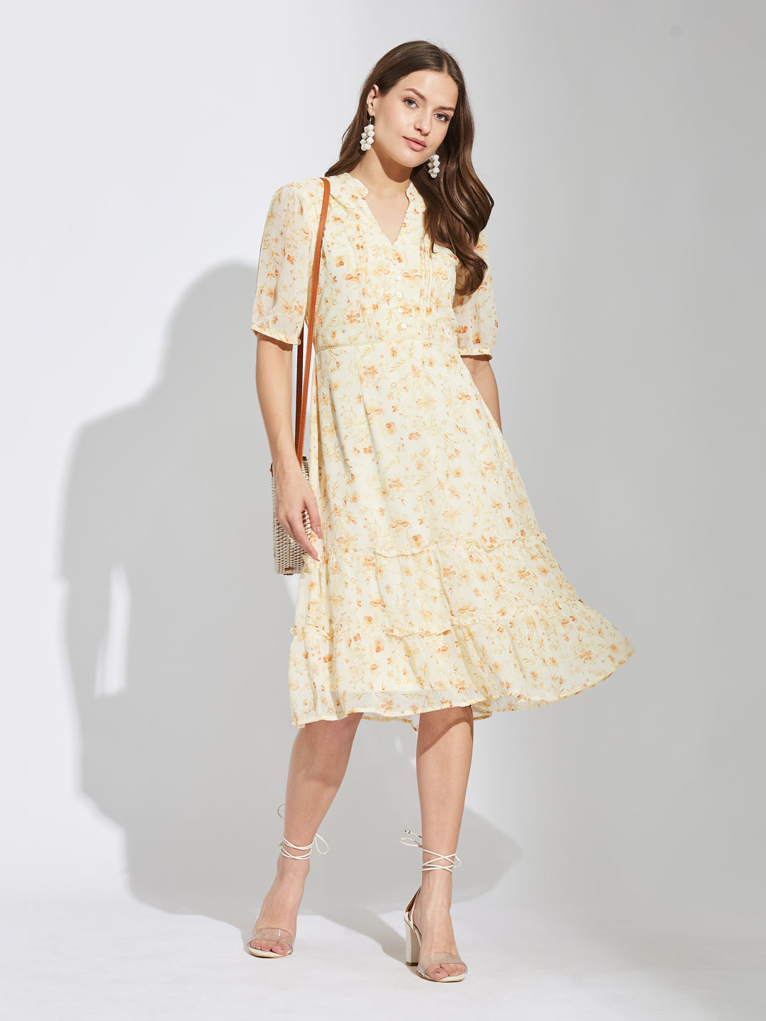Latin Quarters Women Orange Mandarin Collar Half Sleeves Printed A-Line Dress For Casual Wear