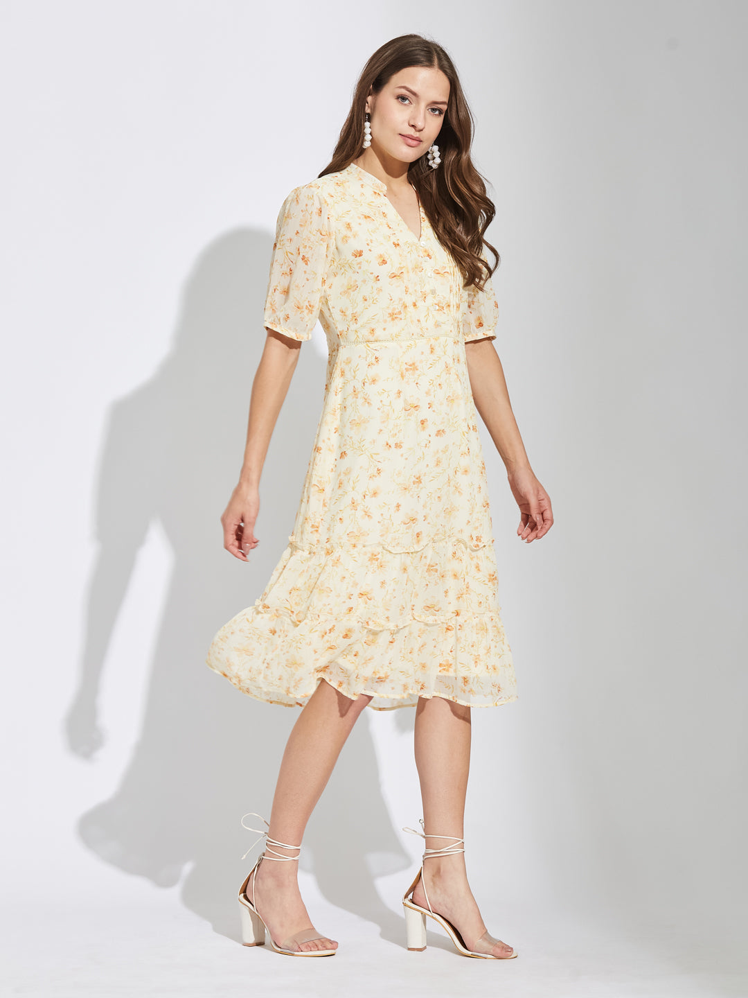 Latin Quarters Women Orange Mandarin Collar Half Sleeves Printed A-Line Dress For Casual Wear