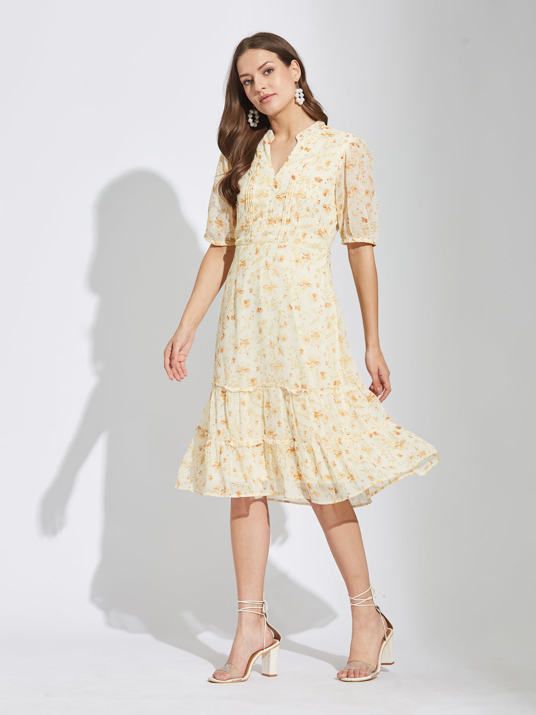 Latin Quarters Women Orange Mandarin Collar Half Sleeves Printed A-Line Dress For Casual Wear
