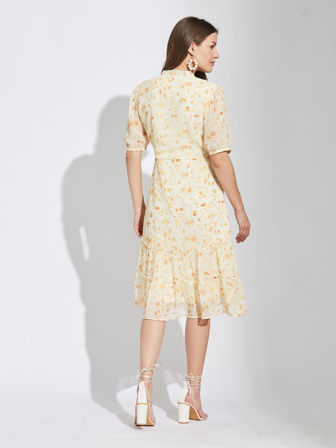 Latin Quarters Women Orange Mandarin Collar Half Sleeves Printed A-Line Dress For Casual Wear