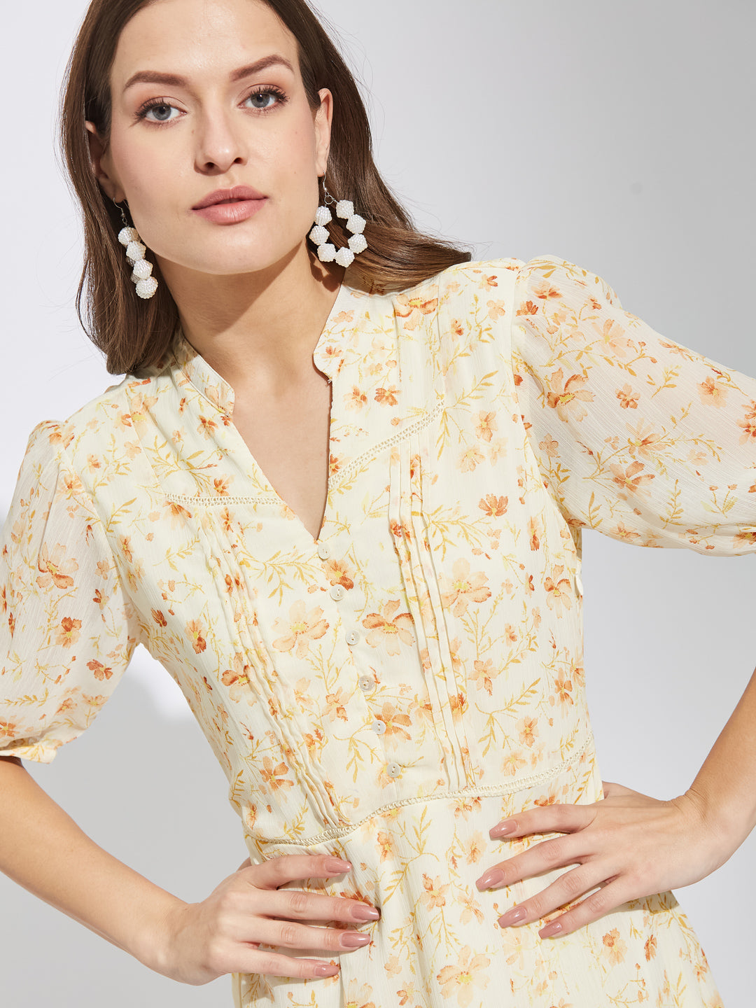Latin Quarters Women Orange Mandarin Collar Half Sleeves Printed A-Line Dress For Casual Wear