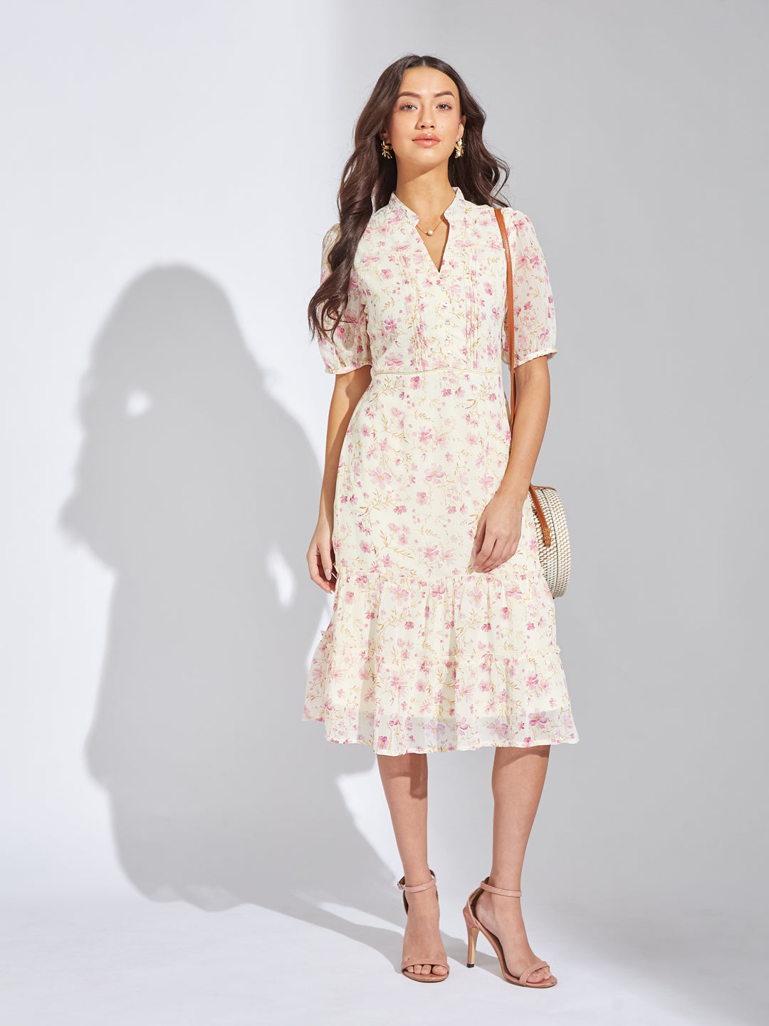 Latin Quarters Women Pink V-Neck Half Sleeves Printed A-Line Dress For Casual
