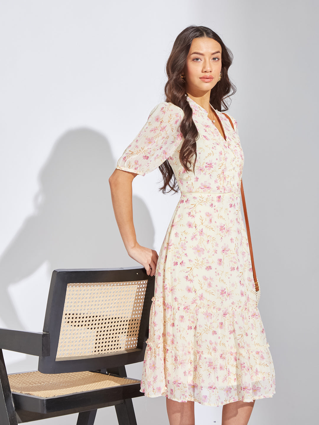Latin Quarters Women Pink V-Neck Half Sleeves Printed A-Line Dress For Casual