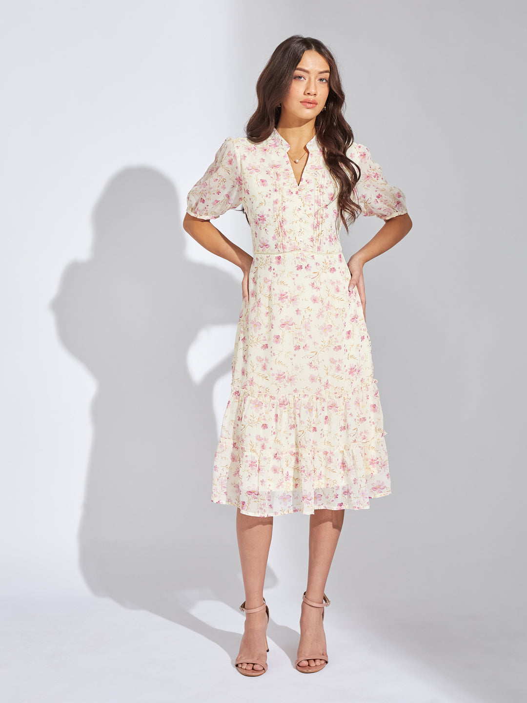 Latin Quarters Women Pink V-Neck Half Sleeves Printed A-Line Dress For Casual