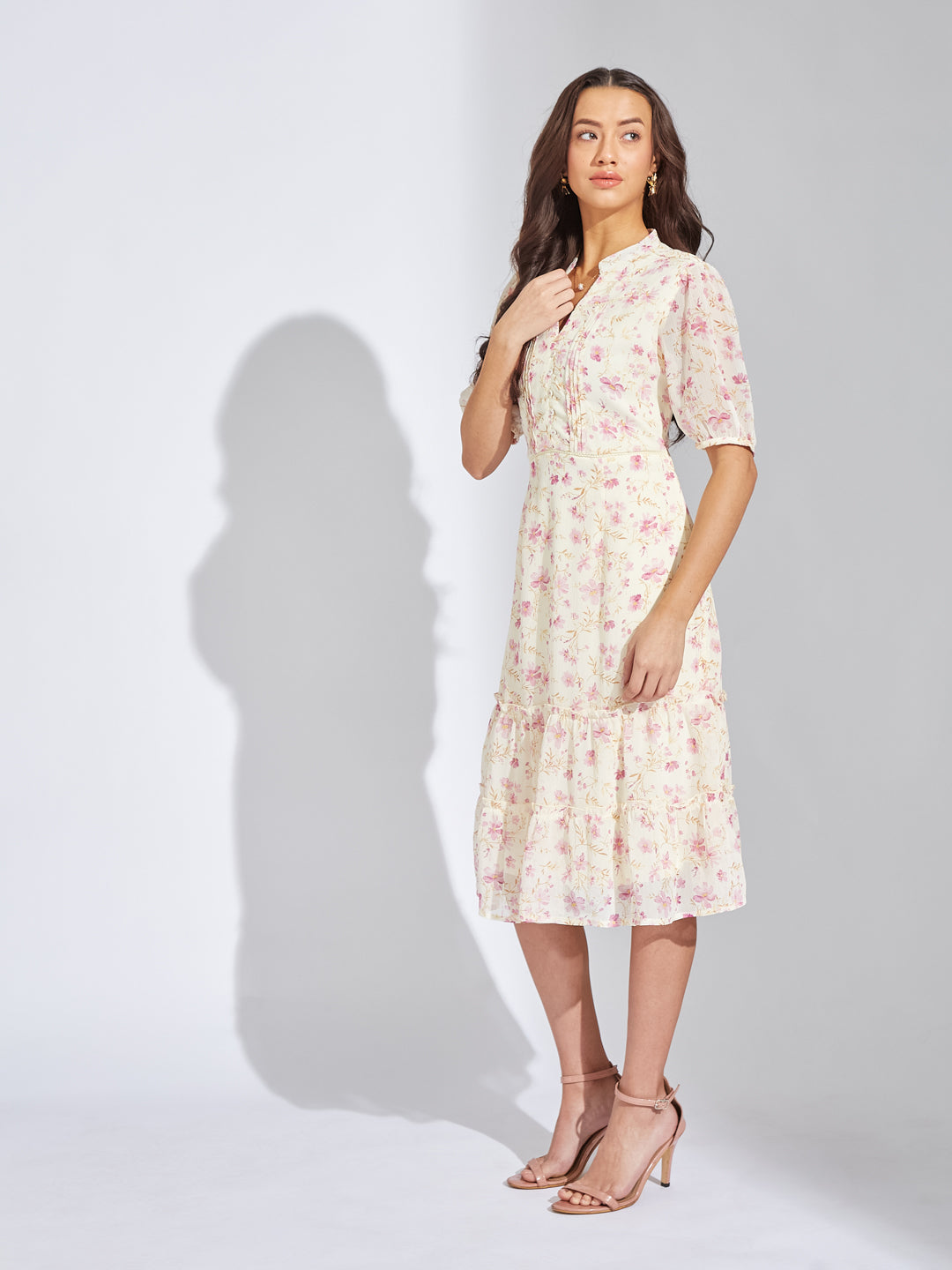 Latin Quarters Women Pink V-Neck Half Sleeves Printed A-Line Dress For Casual