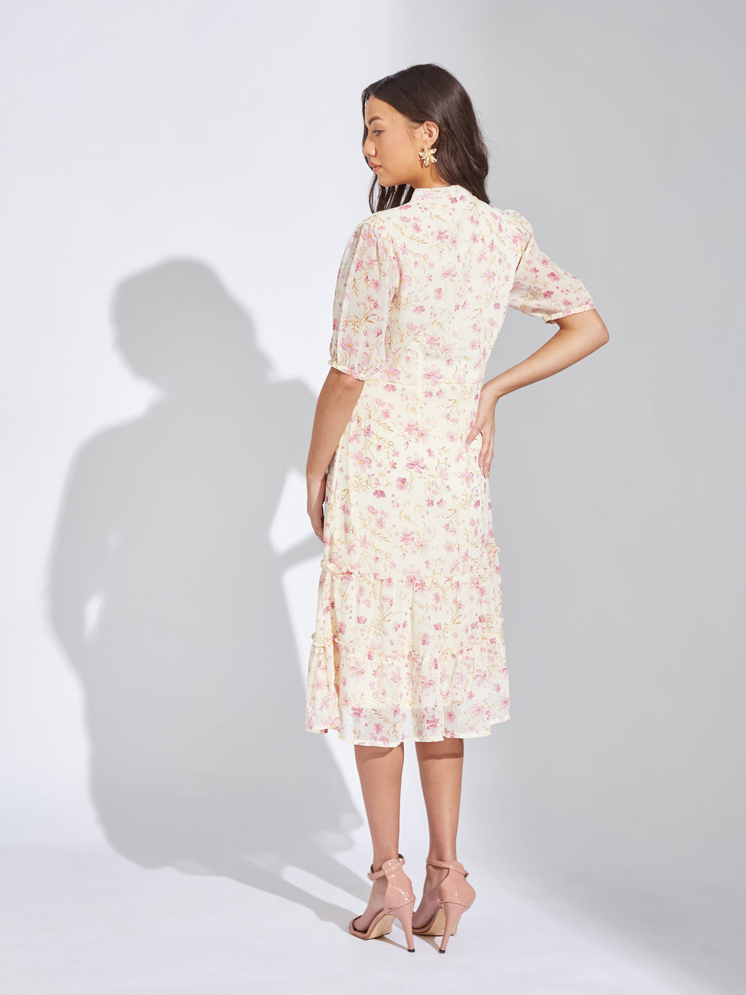 Latin Quarters Women Pink V-Neck Half Sleeves Printed A-Line Dress For Casual