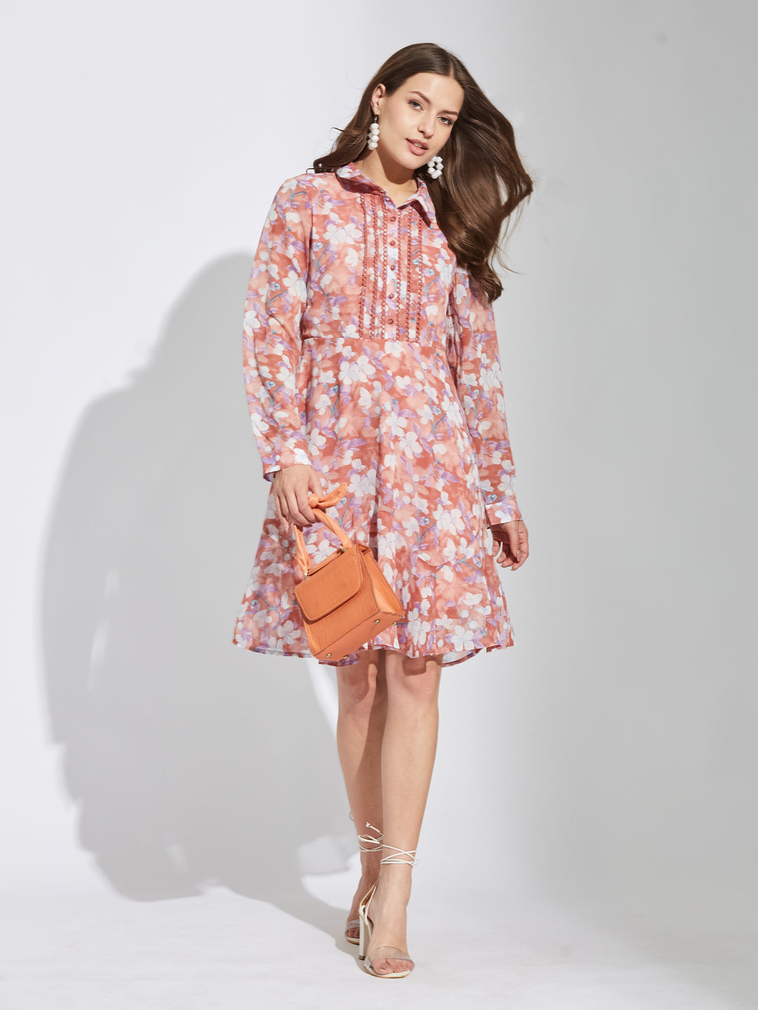 Latin Quarters Women Rust Collar Neck Full Sleeves Printed Shirt Dress For Casual Wear