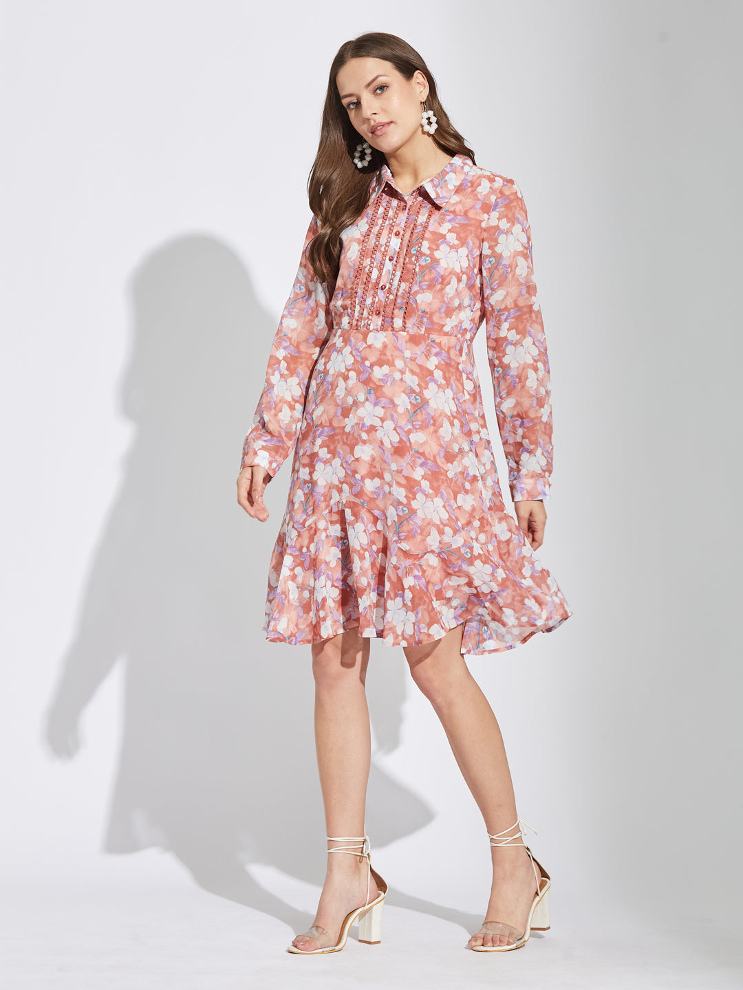 Latin Quarters Women Rust Collar Neck Full Sleeves Printed Shirt Dress For Casual Wear