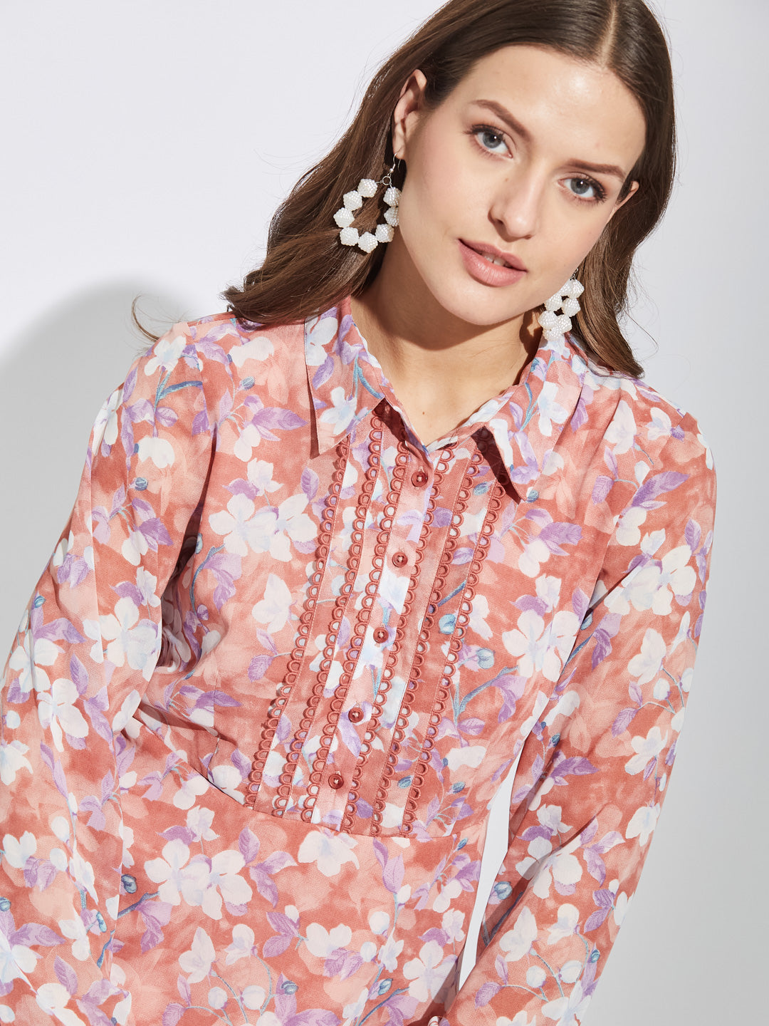 Latin Quarters Women Rust Collar Neck Full Sleeves Printed Shirt Dress For Casual Wear