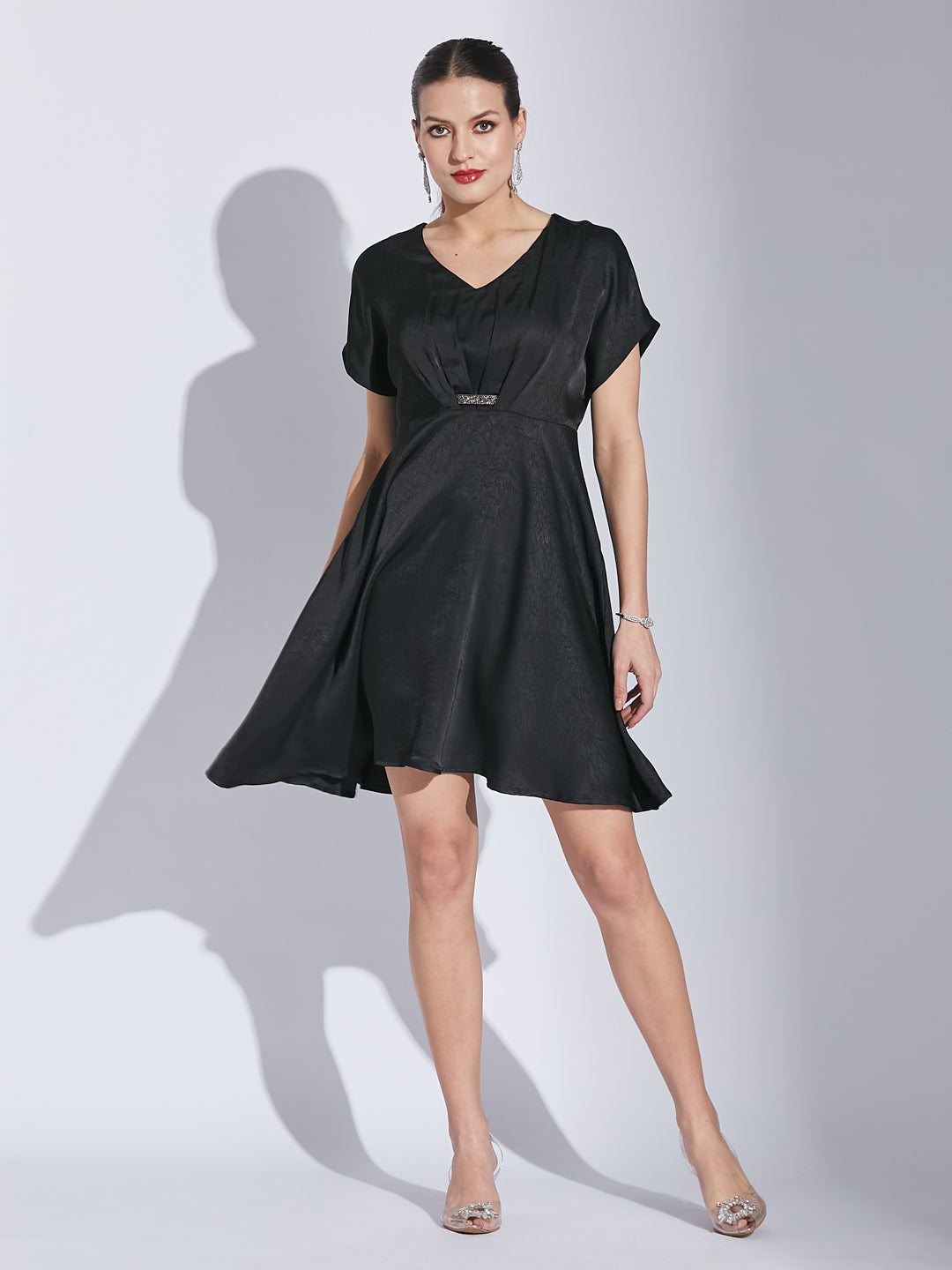 Latin Quarters Women's Black Pleated Dress with Sequin Tape Detail