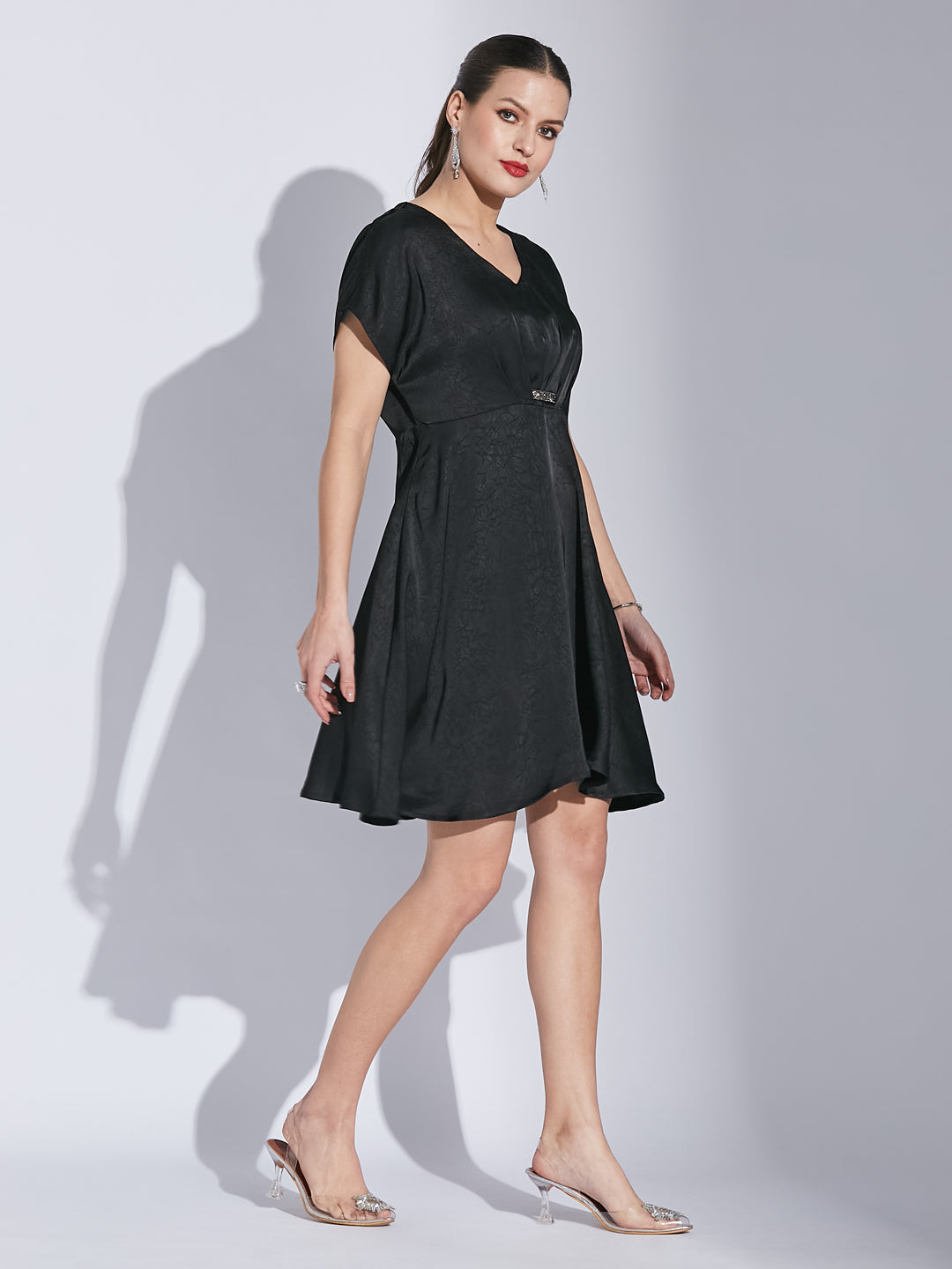 Latin Quarters Women's Black Pleated Dress with Sequin Tape Detail