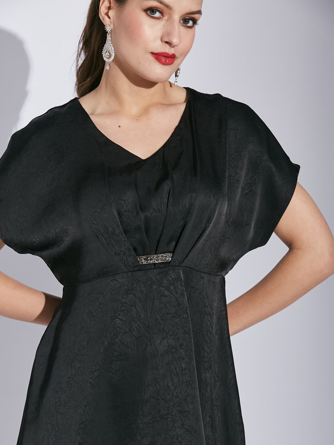 Latin Quarters Women's Black Pleated Dress with Sequin Tape Detail