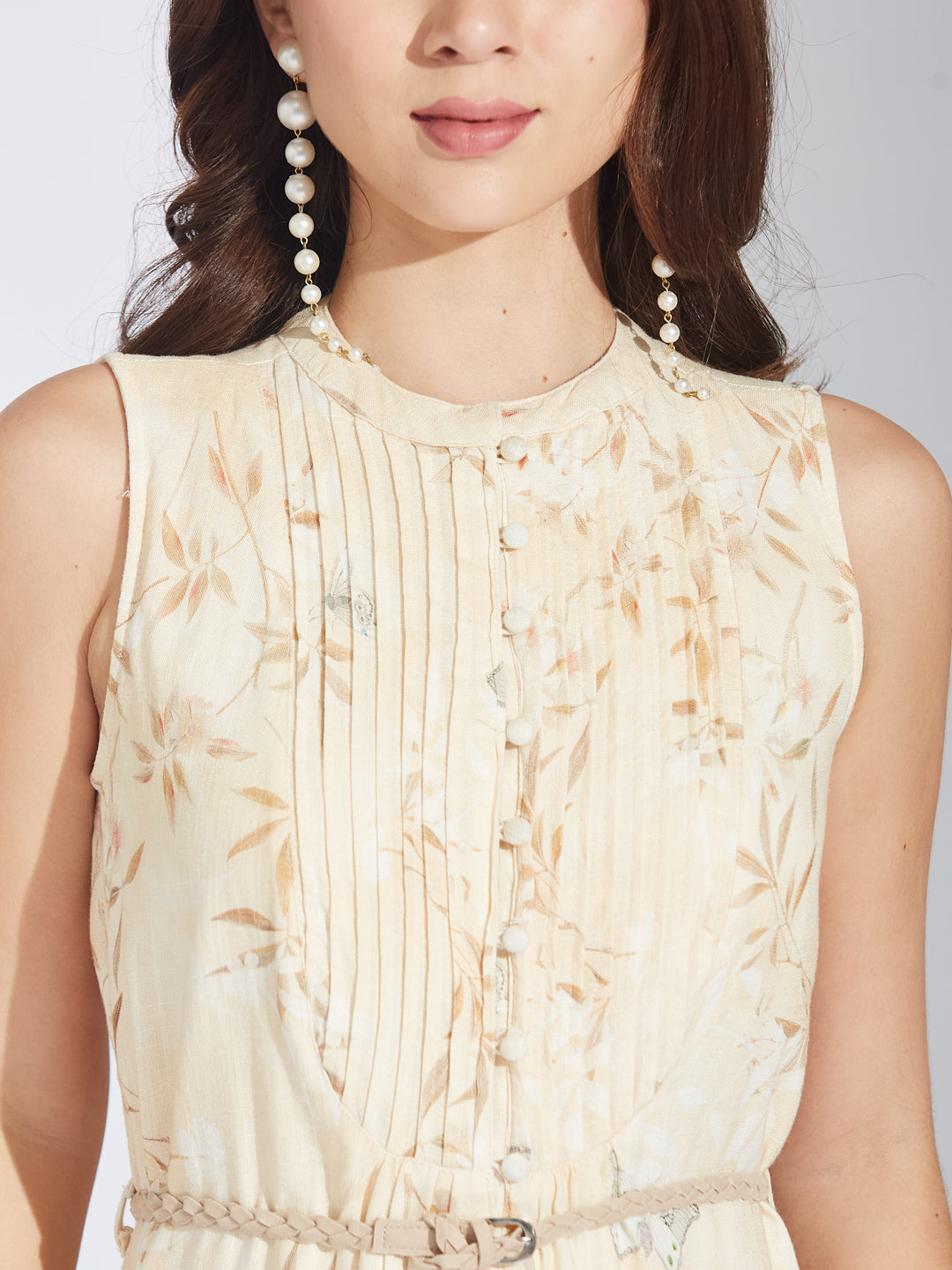 Latin Quarters Women's Beige Floral Print Sleeveless Linen Dress