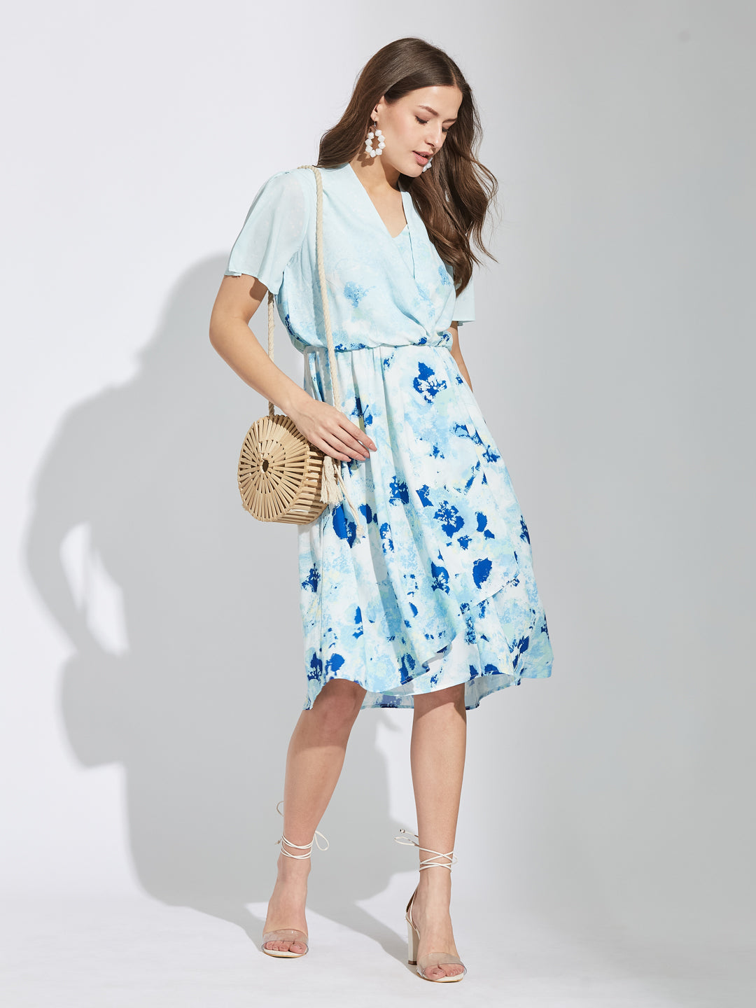 Latin Quarters Women Blue V-Neck Half Sleeves Tie Dye A-Line Dress For Casual Wear