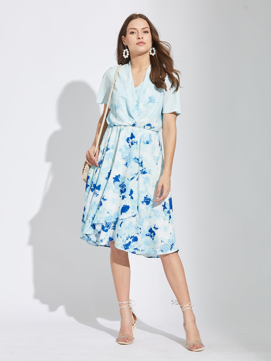 Latin Quarters Women Blue V-Neck Half Sleeves Tie Dye A-Line Dress For Casual Wear