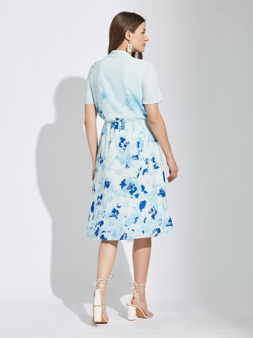 Latin Quarters Women Blue V-Neck Half Sleeves Tie Dye A-Line Dress For Casual Wear
