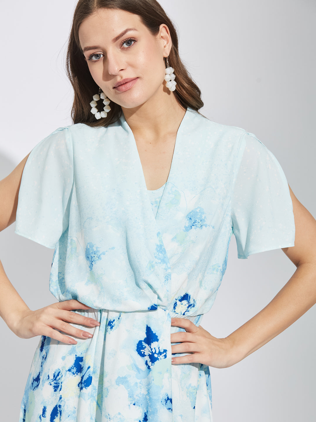Latin Quarters Women Blue V-Neck Half Sleeves Tie Dye A-Line Dress For Casual Wear