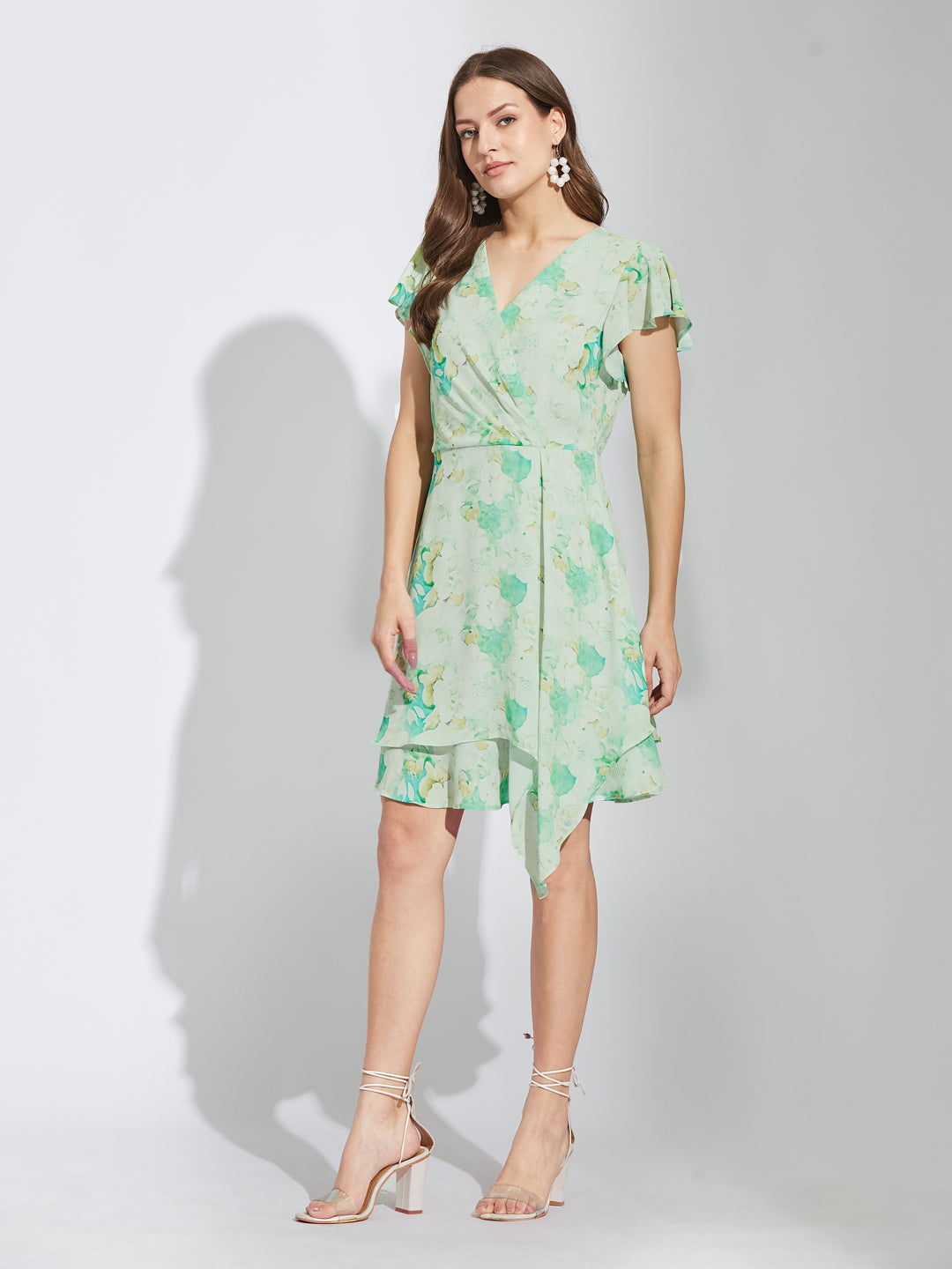 Latin Quarters Women Green V-Neck Half Sleeves Printed A-Line Dress For Casual