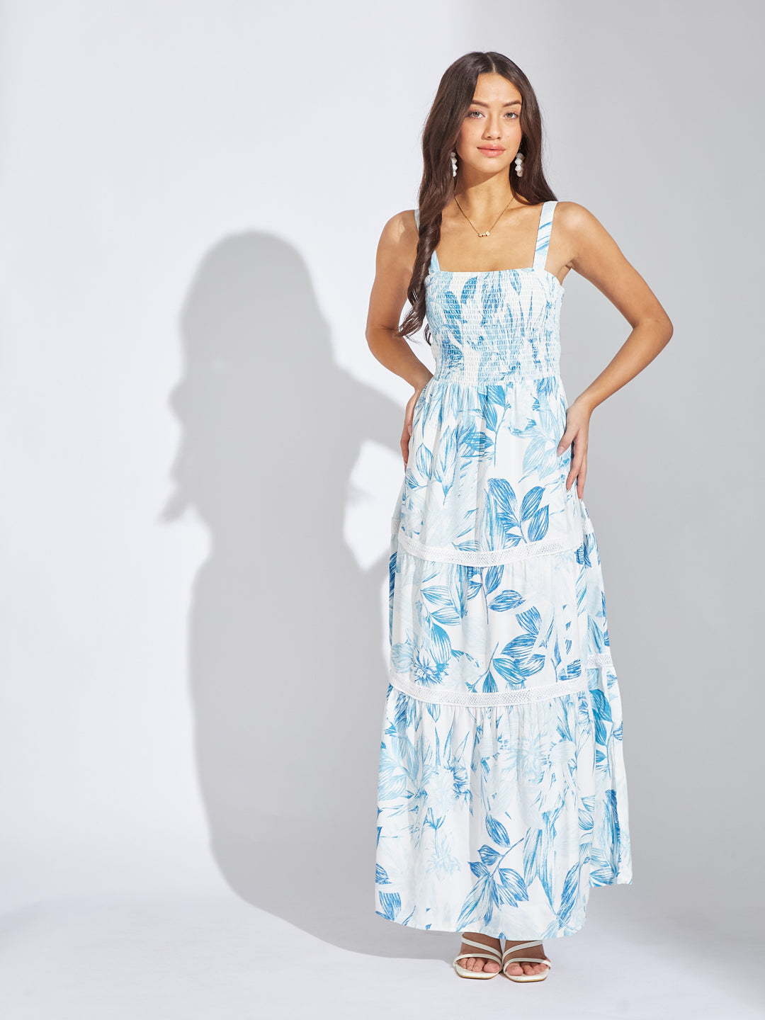 Latin Quarters Women Blue Strap Square Neck Sleeveless Printed A-Line Dress For Casual