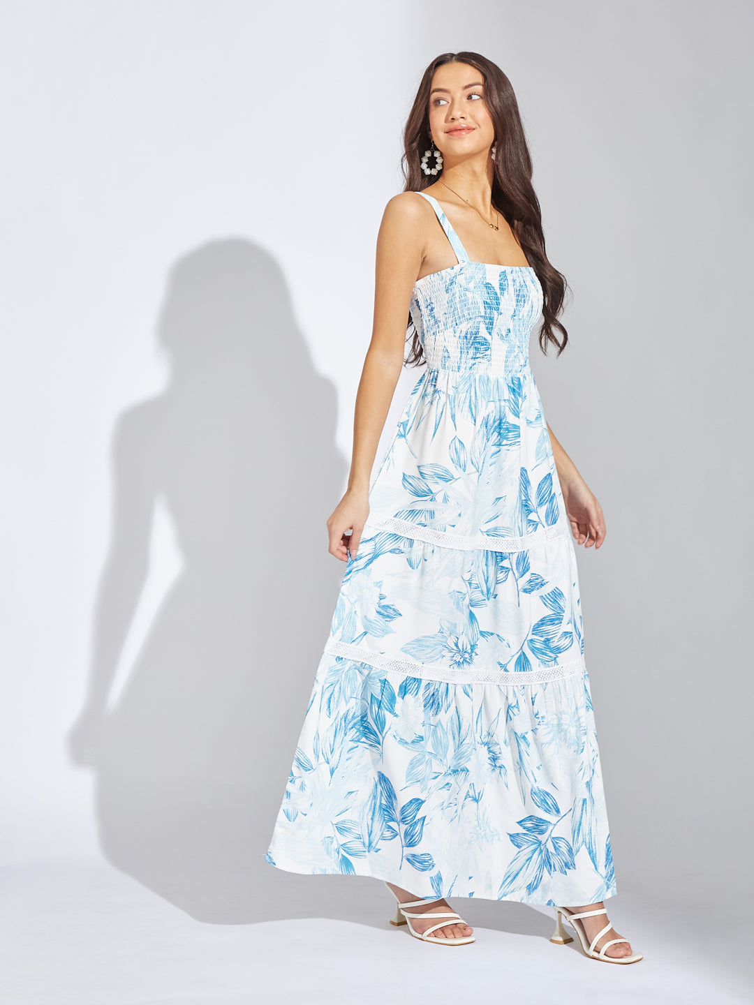Latin Quarters Women Blue Strap Square Neck Sleeveless Printed A-Line Dress For Casual