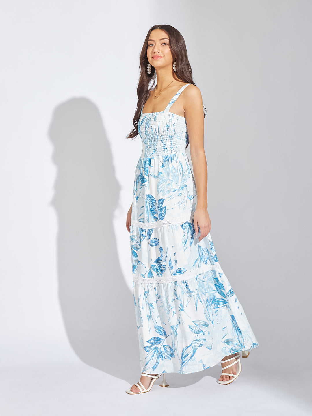 Latin Quarters Women Blue Strap Square Neck Sleeveless Printed A-Line Dress For Casual
