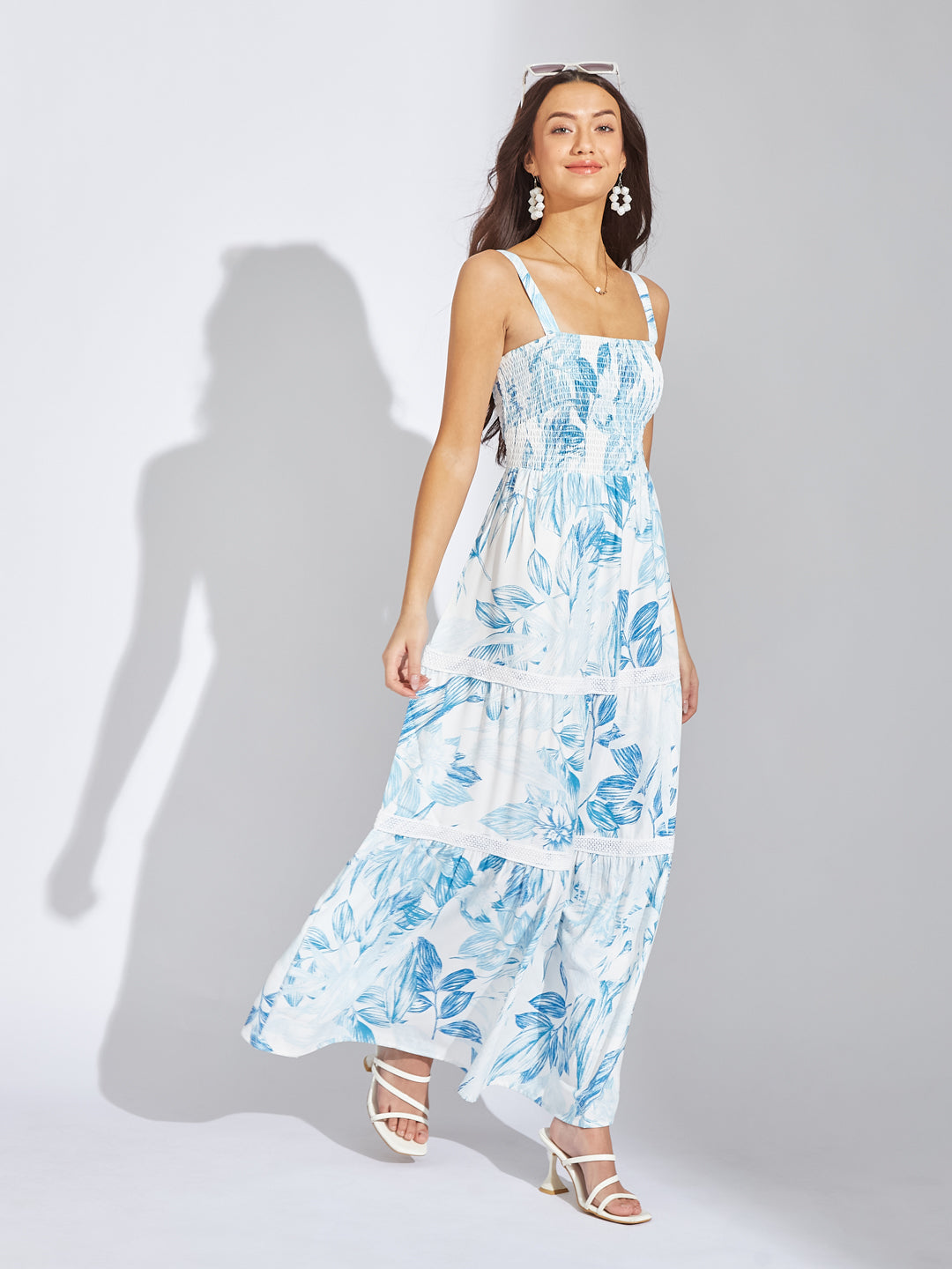 Latin Quarters Women Blue Strap Square Neck Sleeveless Printed A-Line Dress For Casual
