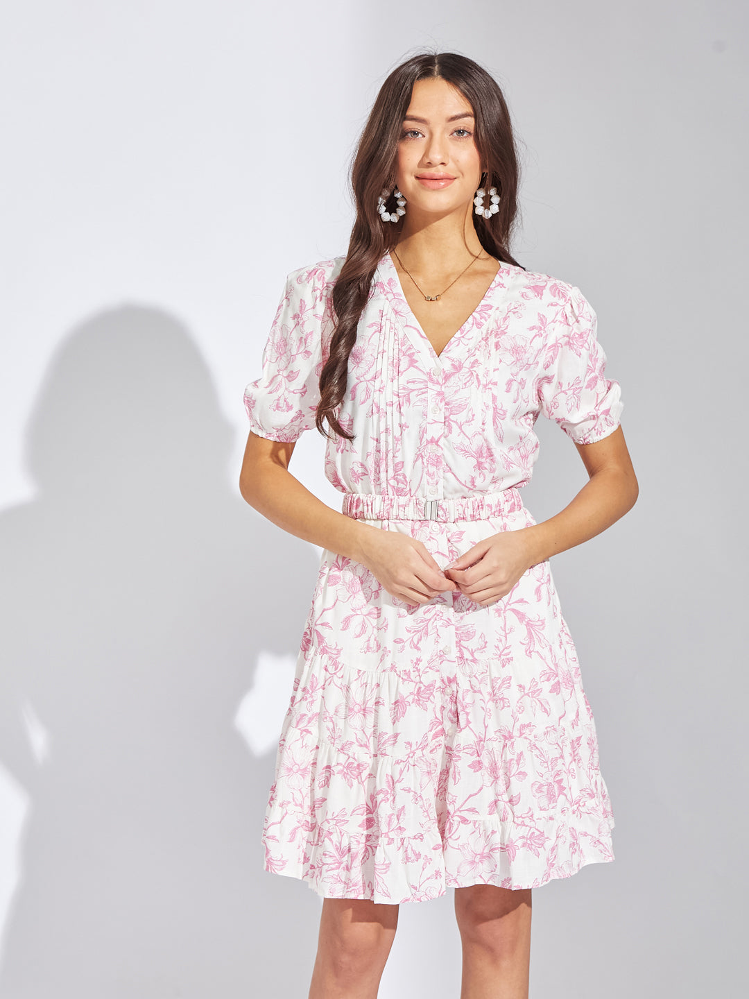 Latin Quarters Women Pink V-Neck Half Sleeves Printed A-Line Casual Dress