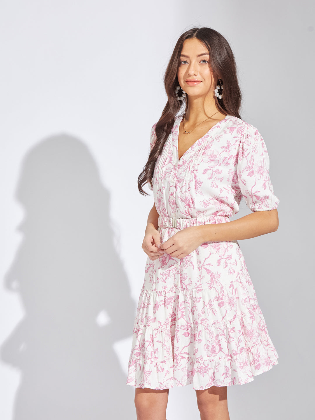 Latin Quarters Women Pink V-Neck Half Sleeves Printed A-Line Casual Dress