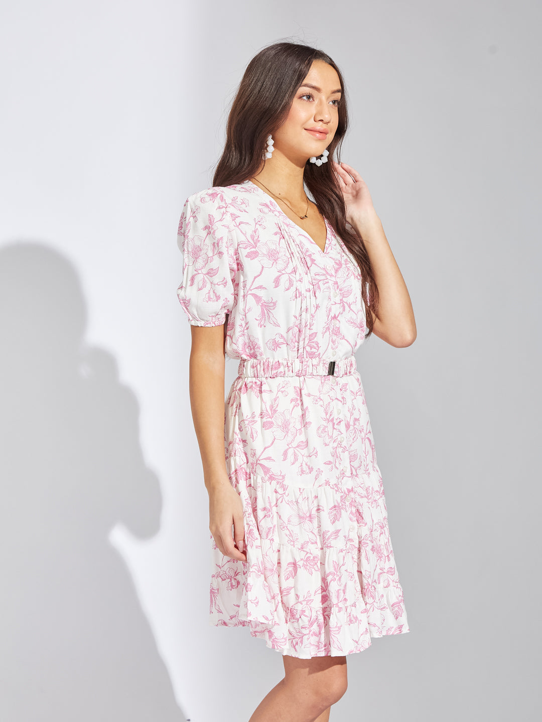 Latin Quarters Women Pink V-Neck Half Sleeves Printed A-Line Casual Dress