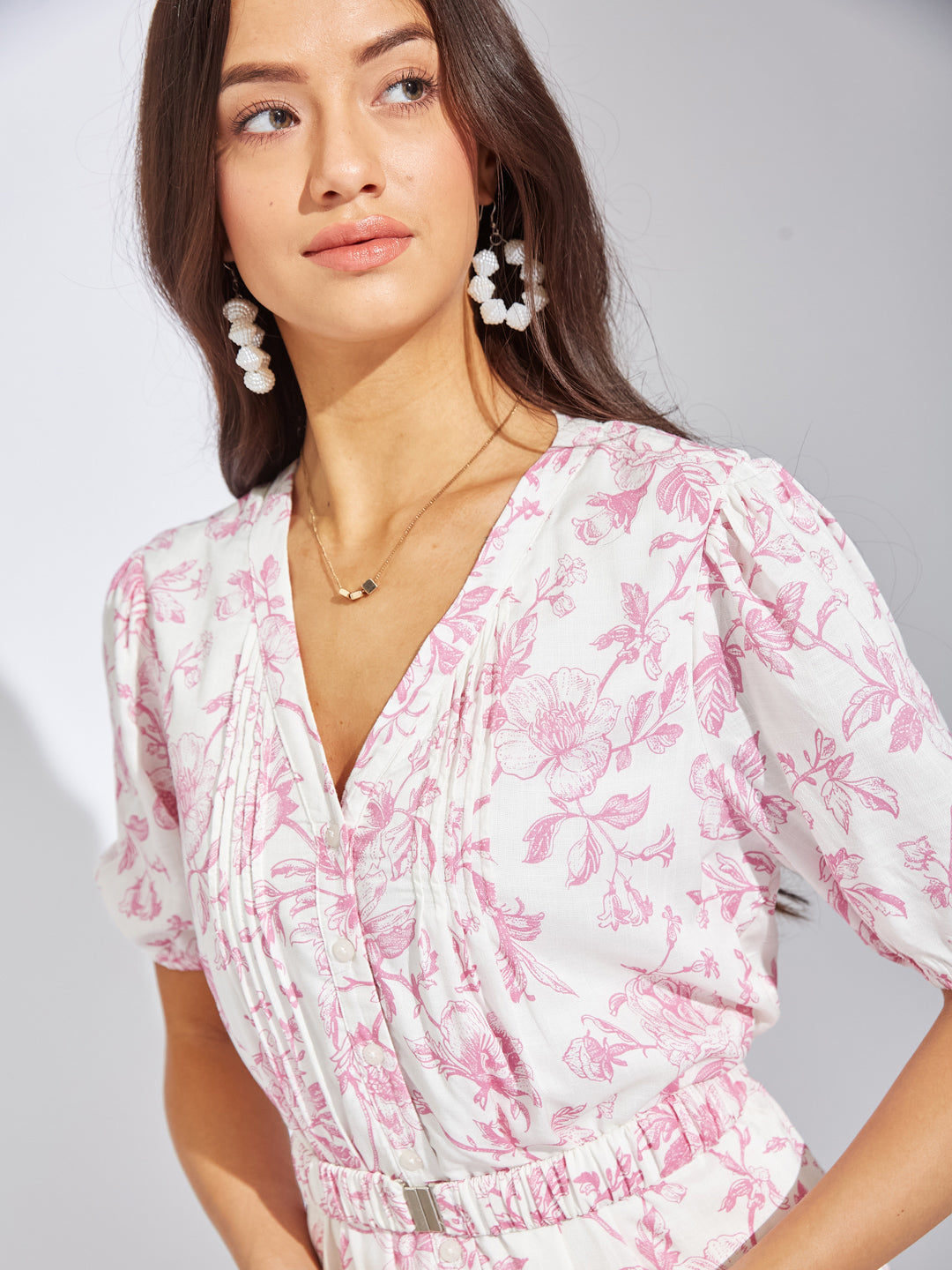 Latin Quarters Women Pink V-Neck Half Sleeves Printed A-Line Casual Dress