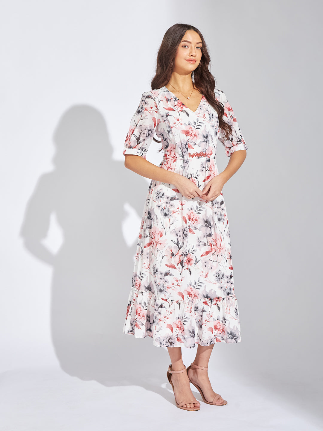 Latin Quarters Women Maroon V-Neck Half Sleeves Printed A-Line Dress For Casual