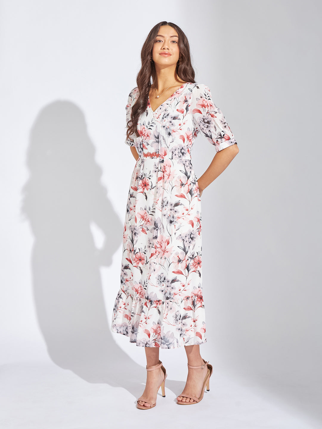 Latin Quarters Women Maroon V-Neck Half Sleeves Printed A-Line Dress For Casual