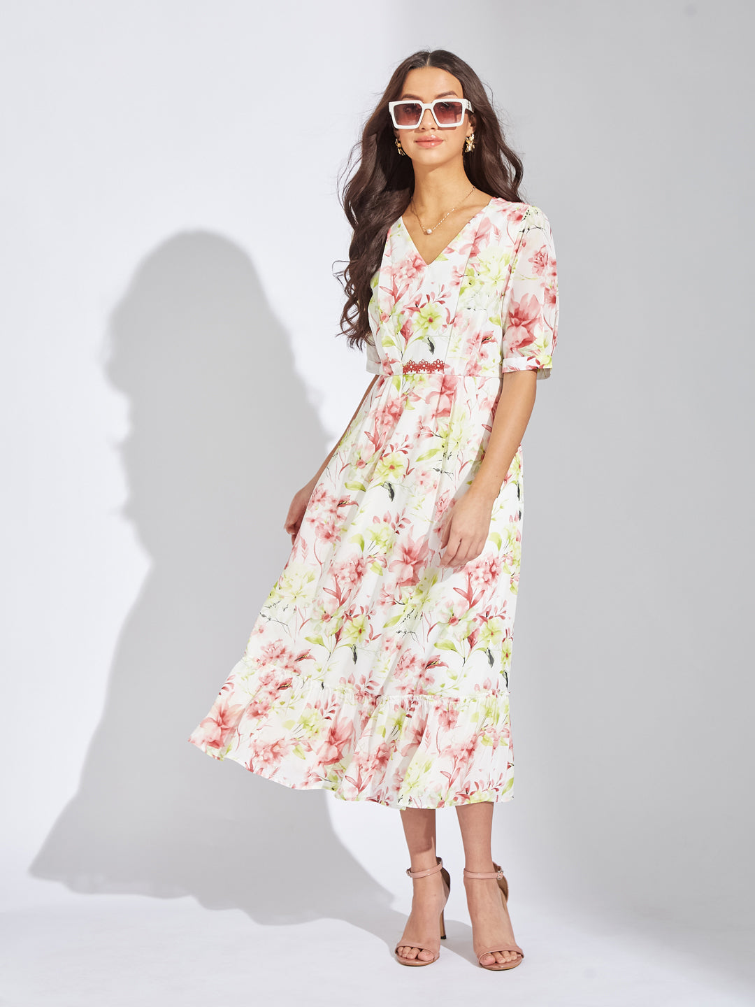 Latin Quarters Women Green V-Neck Half Sleeve Printed A-Line Dress For Casual
