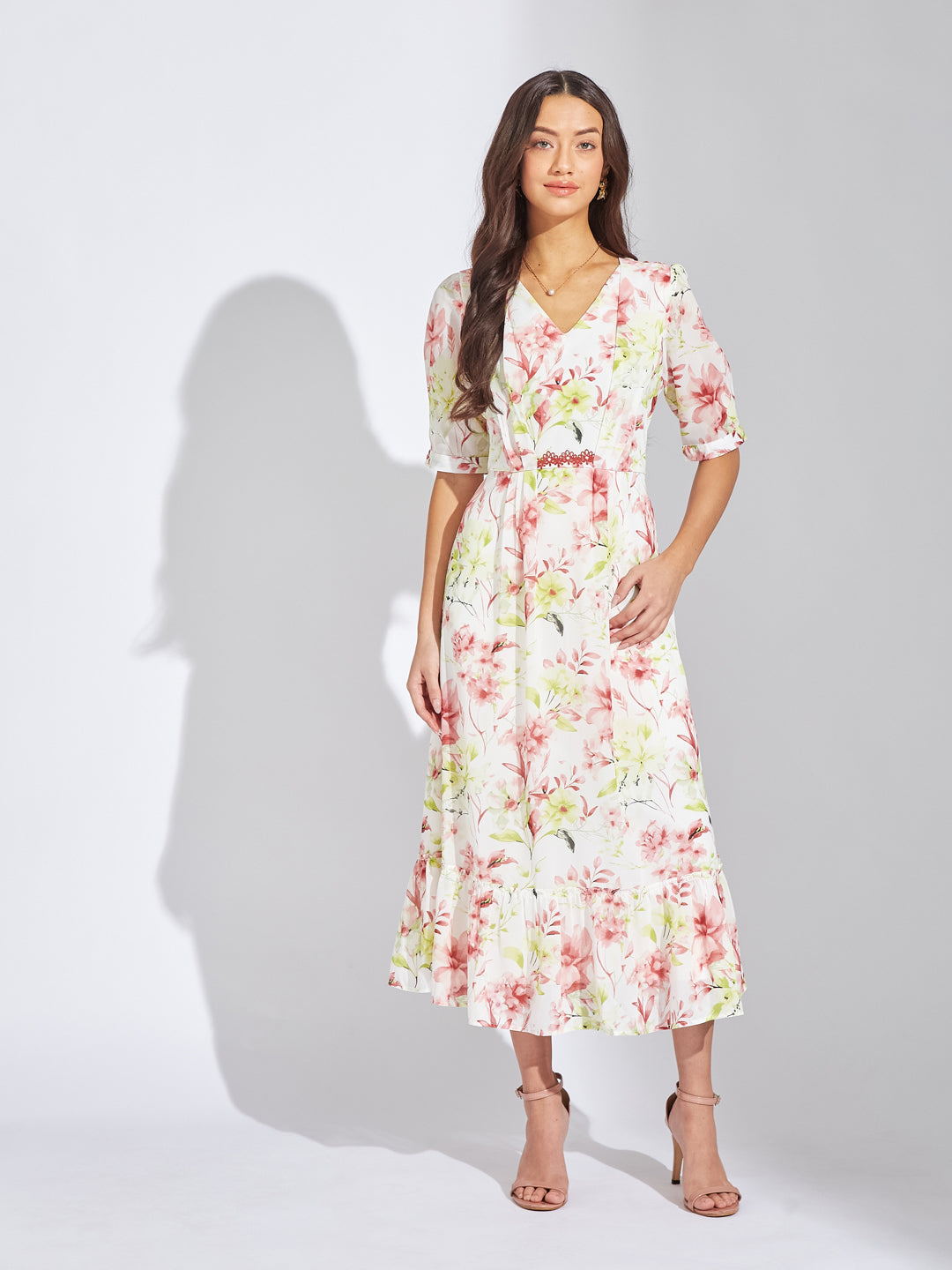 Latin Quarters Women Green V-Neck Half Sleeve Printed A-Line Dress For Casual