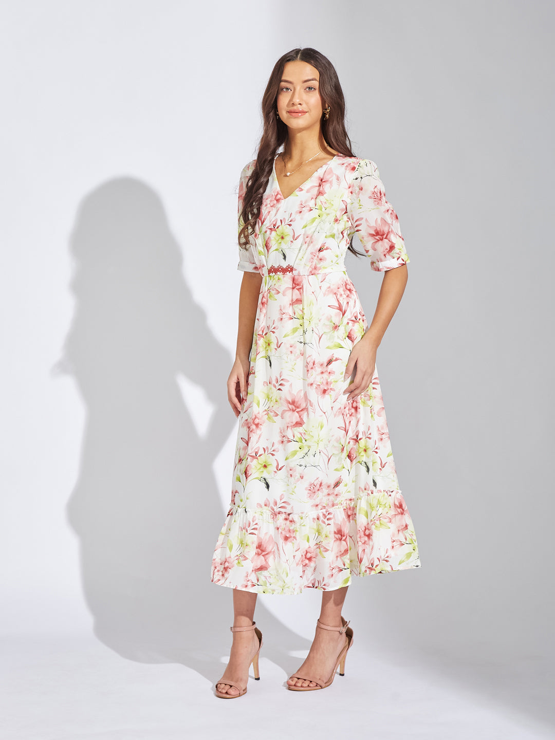 Latin Quarters Women Green V-Neck Half Sleeve Printed A-Line Dress For Casual