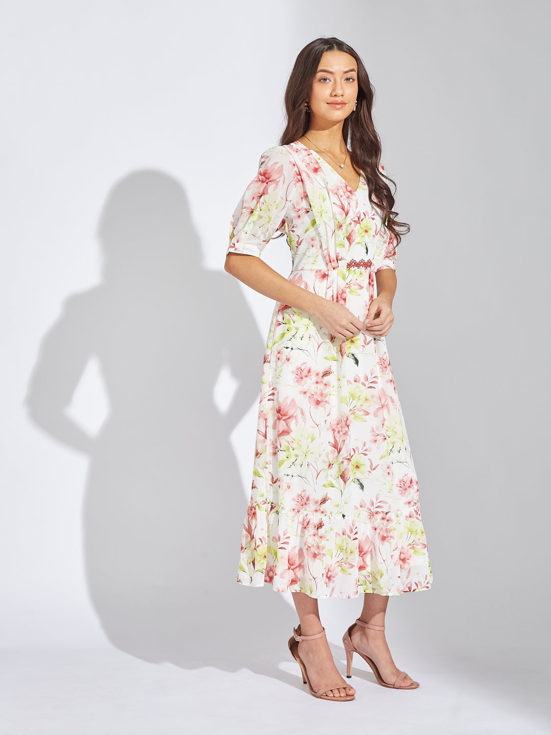Latin Quarters Women Green V-Neck Half Sleeve Printed A-Line Dress For Casual