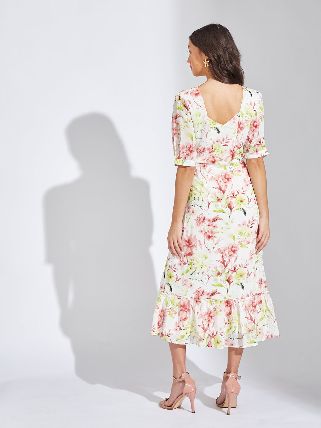 Latin Quarters Women Green V-Neck Half Sleeve Printed A-Line Dress For Casual