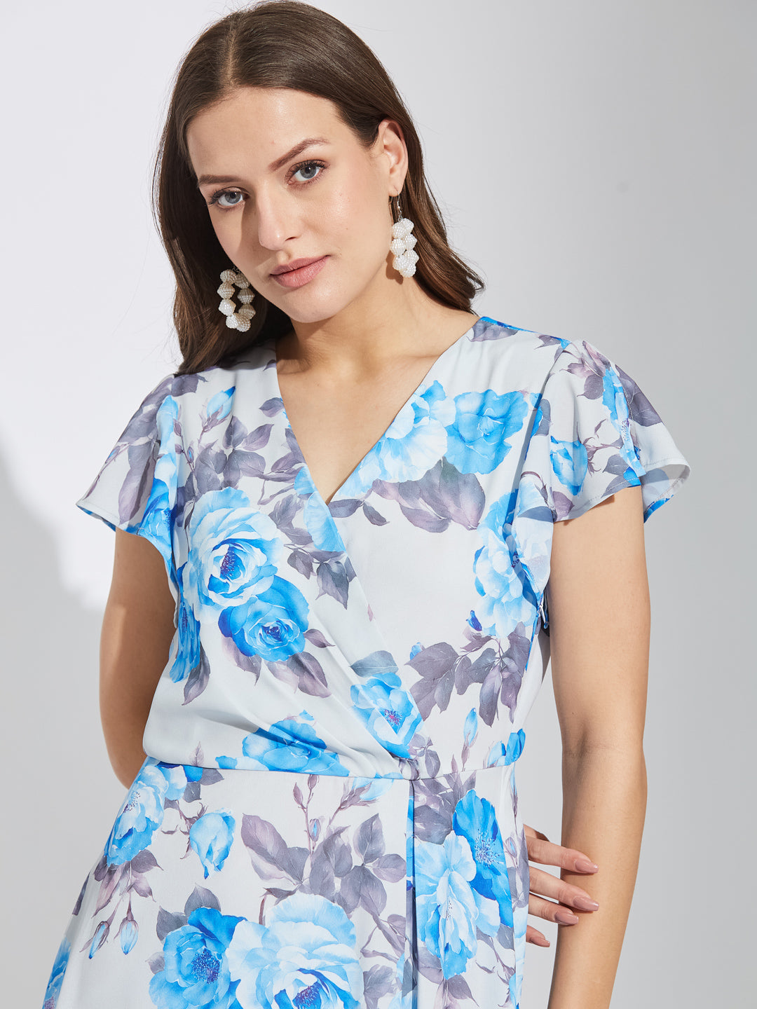 Latin Quarters Women Blue V-Neck Half Sleeves Printed A-Line Dress For Casual Wear