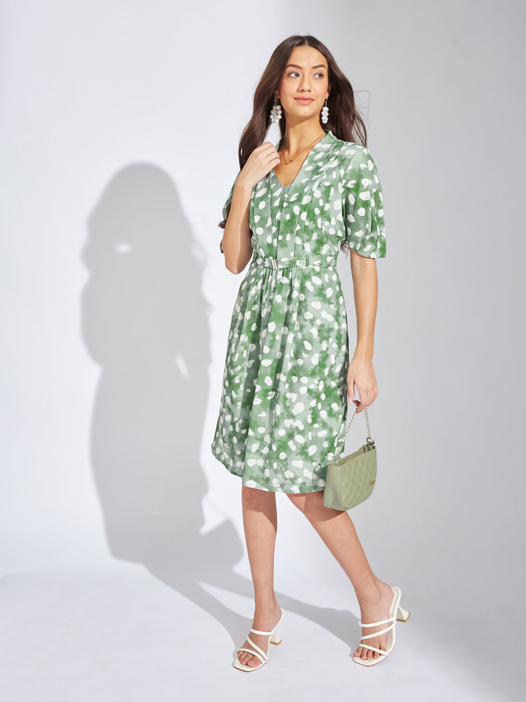 Latin Quarters Women Green V-Neck Half Sleeves Printed A-Line Dress Casual Wear