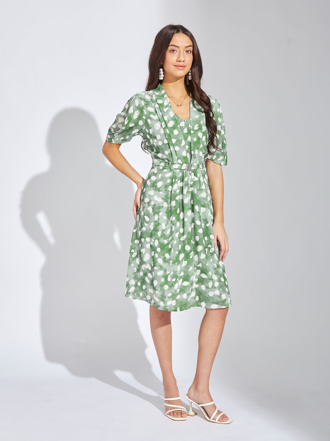 Latin Quarters Women Green V-Neck Half Sleeves Printed A-Line Dress Casual Wear