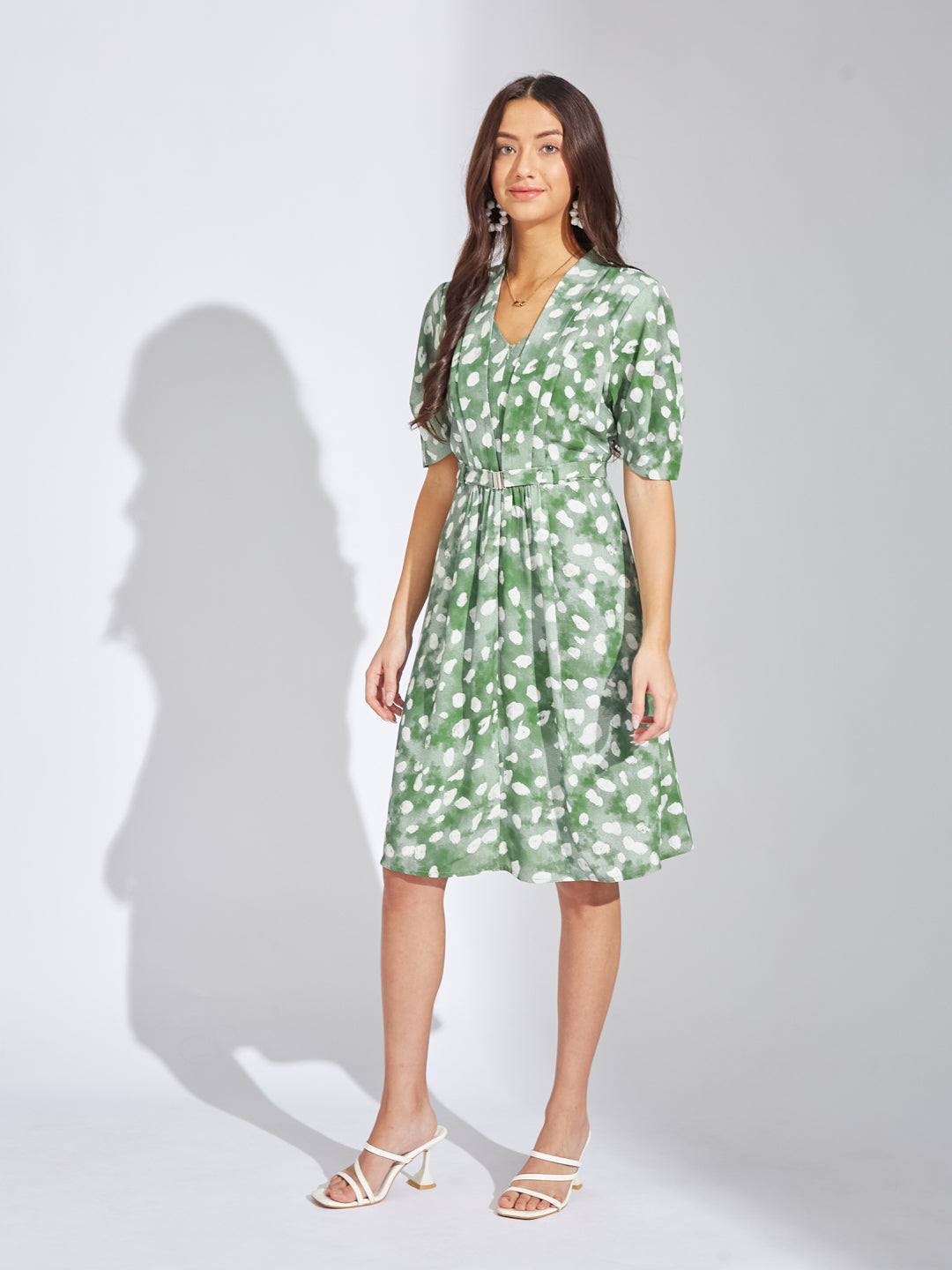 Latin Quarters Women Green V-Neck Half Sleeves Printed A-Line Dress Casual Wear