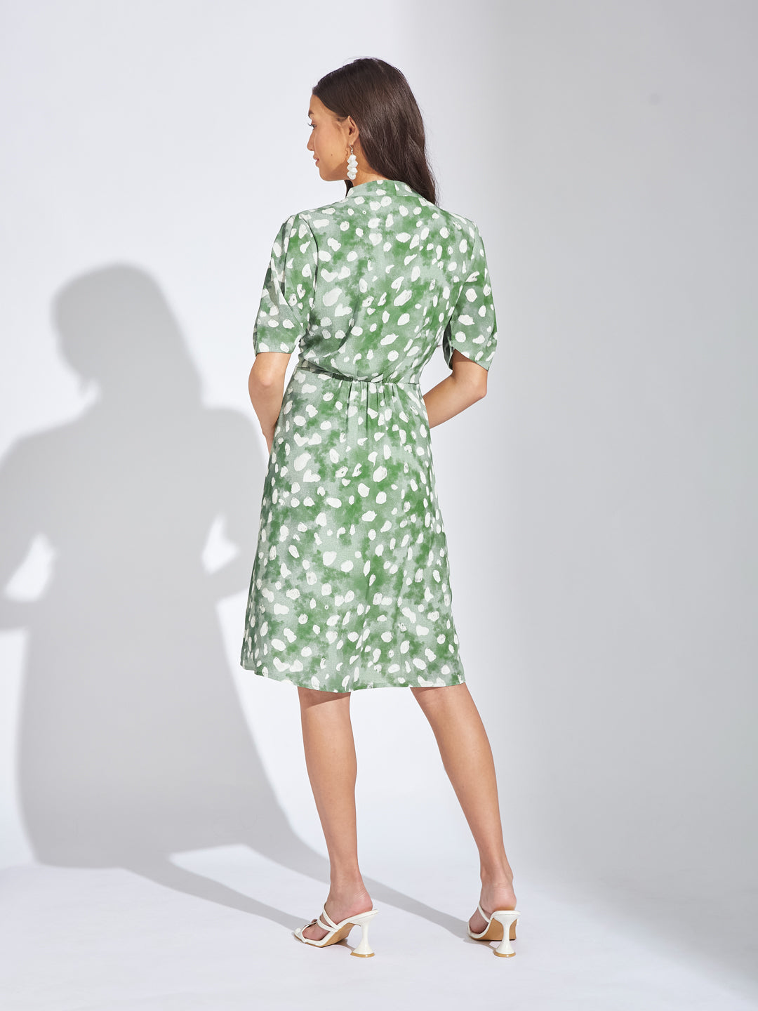 Latin Quarters Women Green V-Neck Half Sleeves Printed A-Line Dress Casual Wear