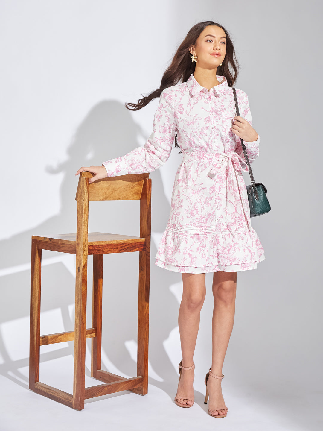 Latin Quarters Women Pink Collar Neck Full Sleeves Printed Shirt Dress For Casual