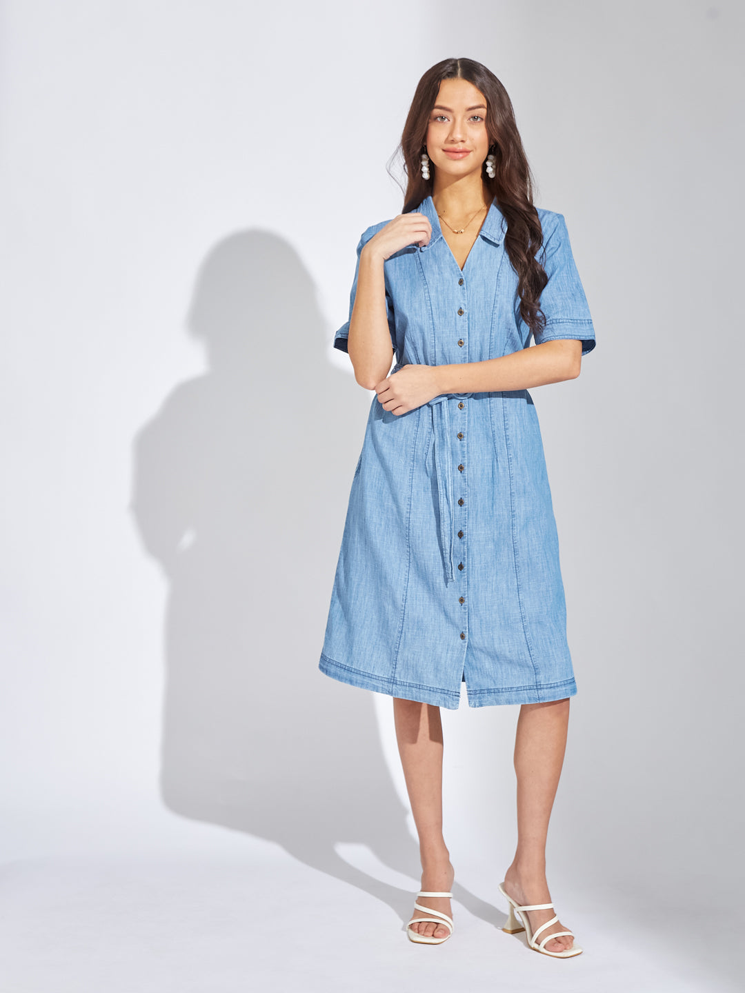 Latin Quarters Women Blue Collar Neck Half Sleeves Solid Shirt Dress For Casual