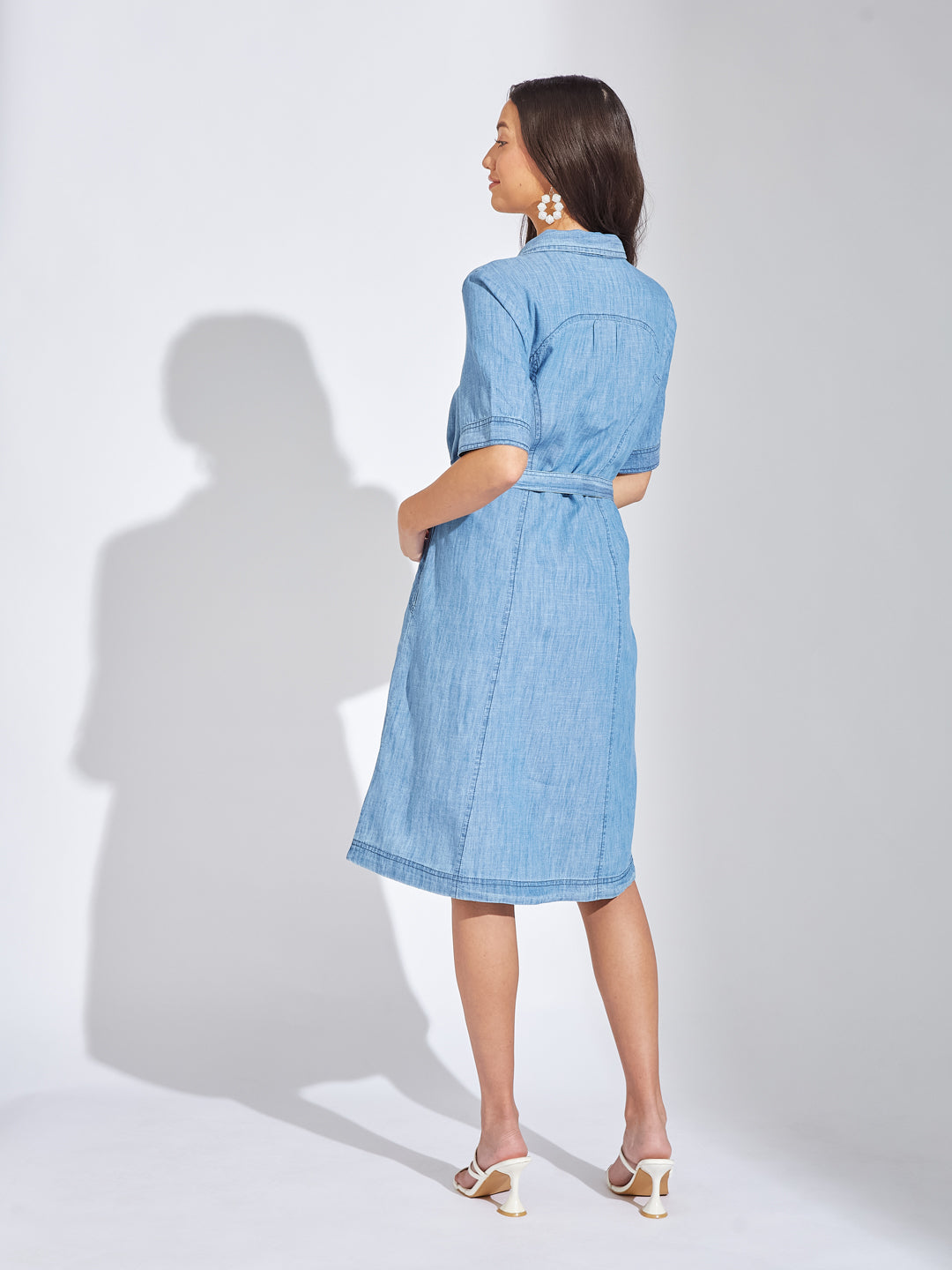 Latin Quarters Women Blue Collar Neck Half Sleeves Solid Shirt Dress For Casual