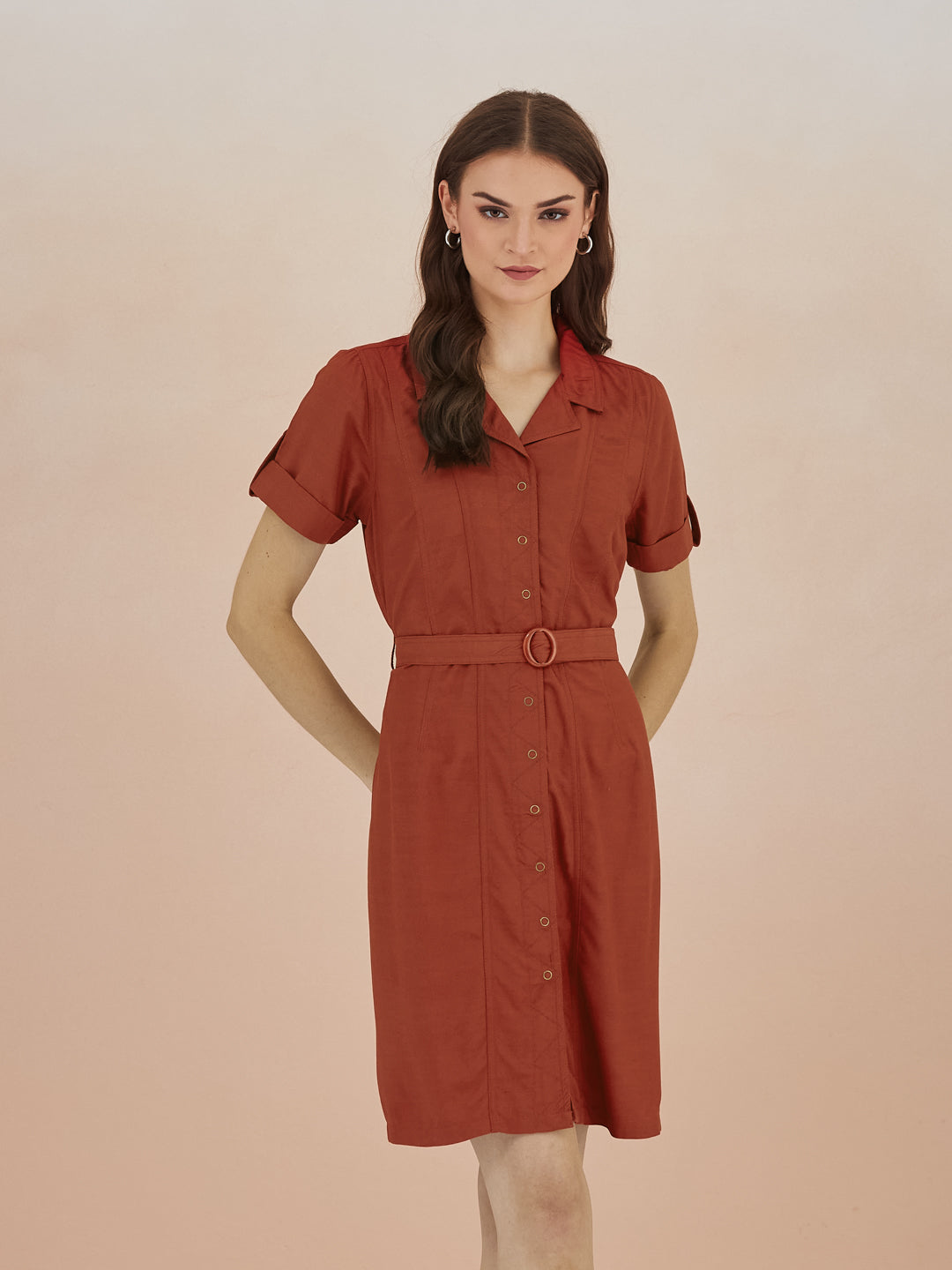 Latin Quarters Women Rust Collared Short Sleeve A-Line Mini Shirt Dress For Casual Wear