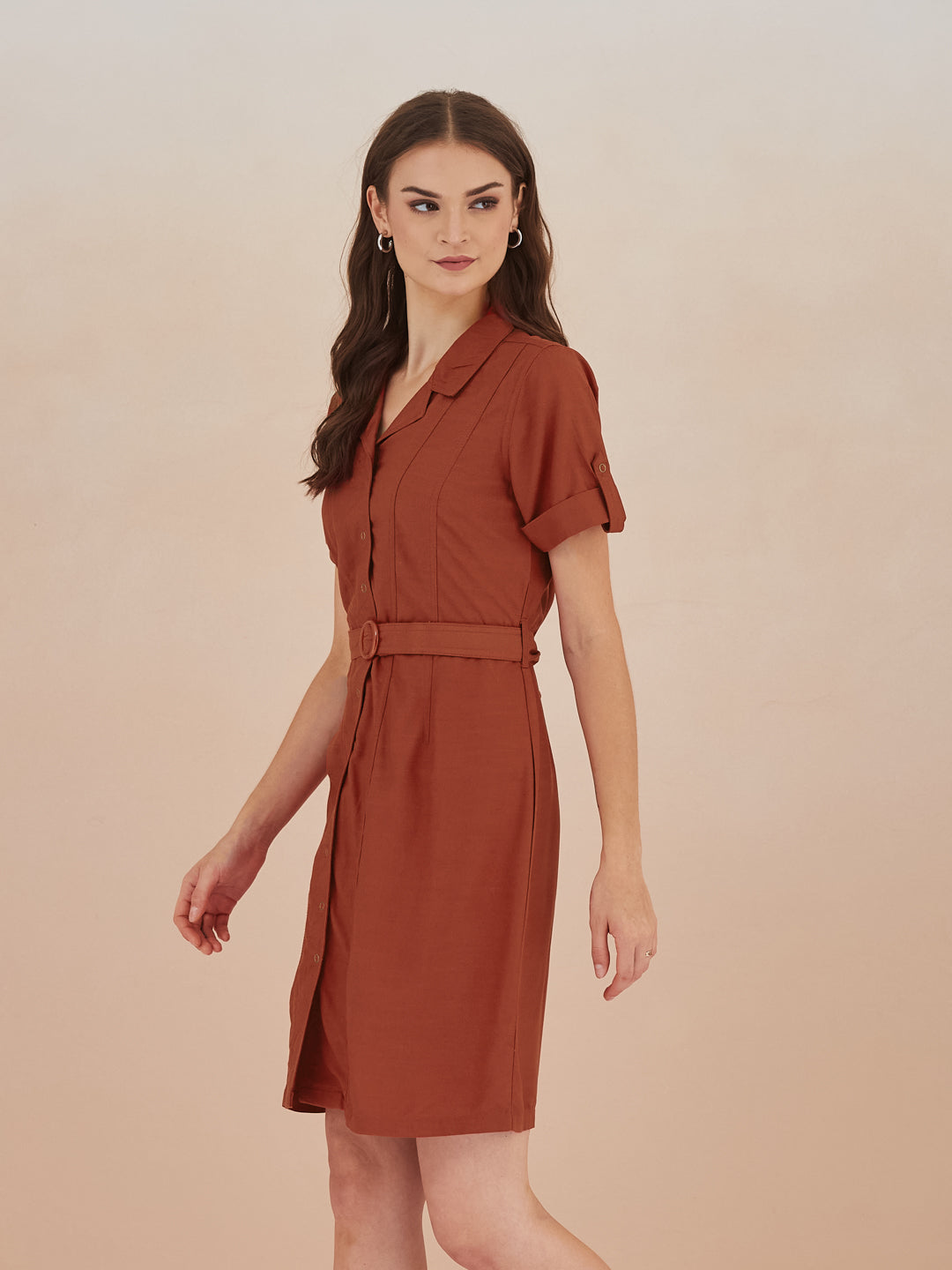 Latin Quarters Women Rust Collared Short Sleeve A-Line Mini Shirt Dress For Casual Wear