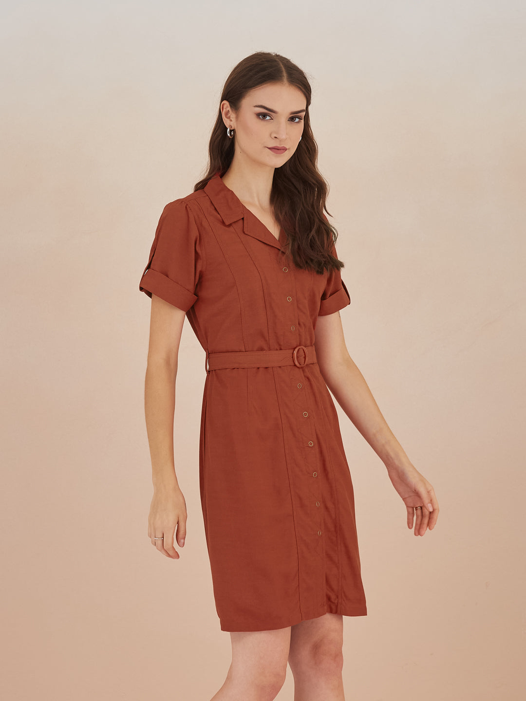 Latin Quarters Women Rust Collared Short Sleeve A-Line Mini Shirt Dress For Casual Wear