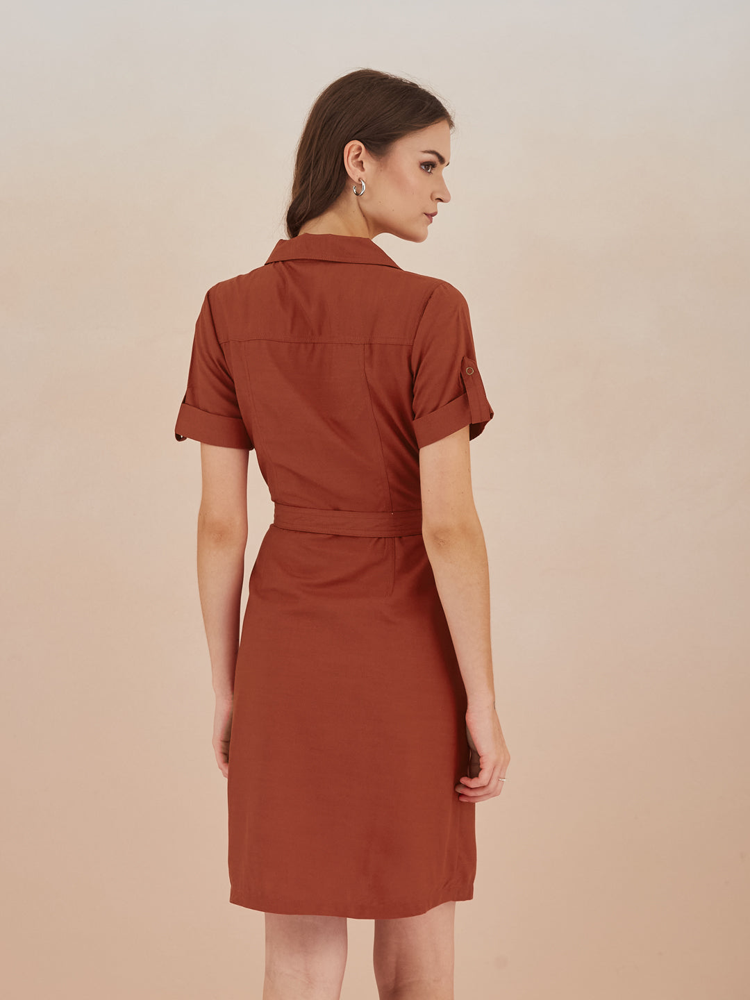 Latin Quarters Women Rust Collared Short Sleeve A-Line Mini Shirt Dress For Casual Wear