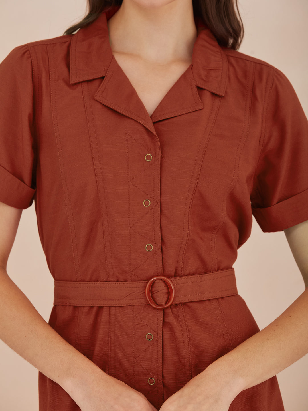 Latin Quarters Women Rust Collared Short Sleeve A-Line Mini Shirt Dress For Casual Wear